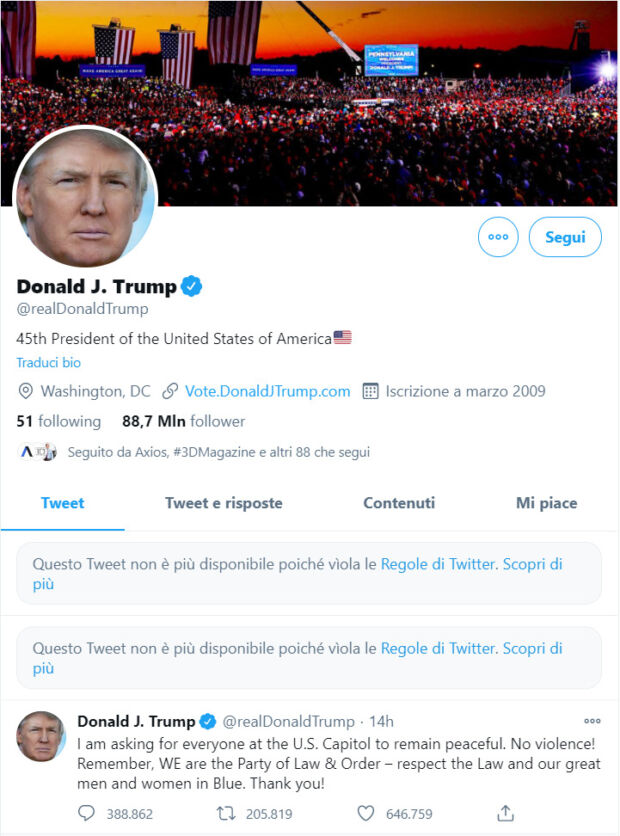 Twitter blocca Trump sul social